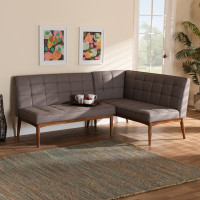 Baxton Studio BBT8051.11-GreyWalnut-2PC SF Bench Baxton Studio Sanford Mid-Century Modern Grey Fabric Upholstered and Walnut Brown Finished Wood 2-Piece Dining Nook Banquette Set